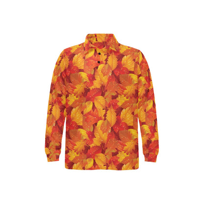 Elm Leave Autum Print Pattern Long Sleeve Polo Shirt For Men's