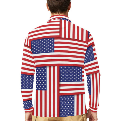 Patriotic US Flag Pattern Print Design A01 Long Sleeve Polo Shirt For Men's