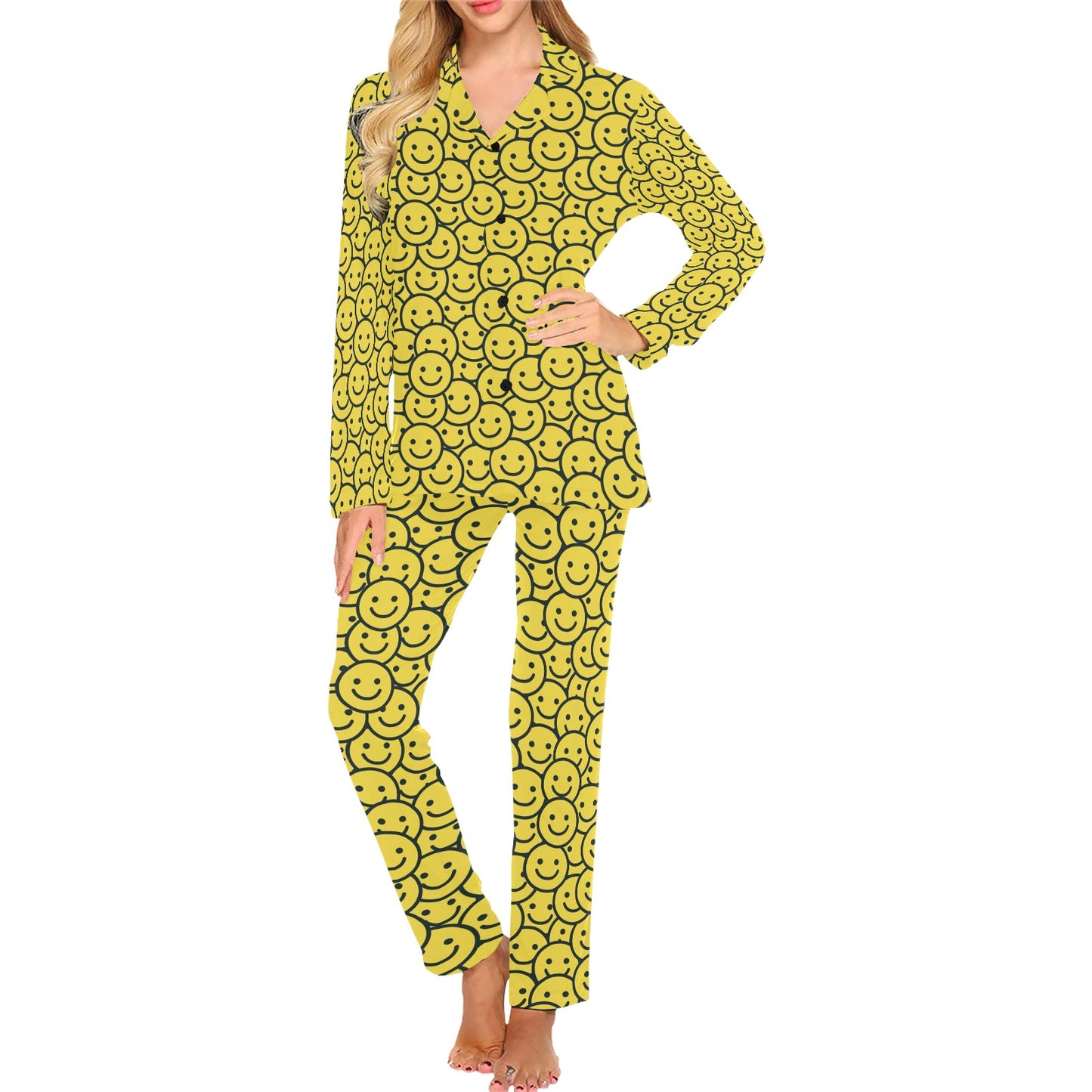 Smiley Face Emoji Print Design LKS302 Women's Long Pajama Set