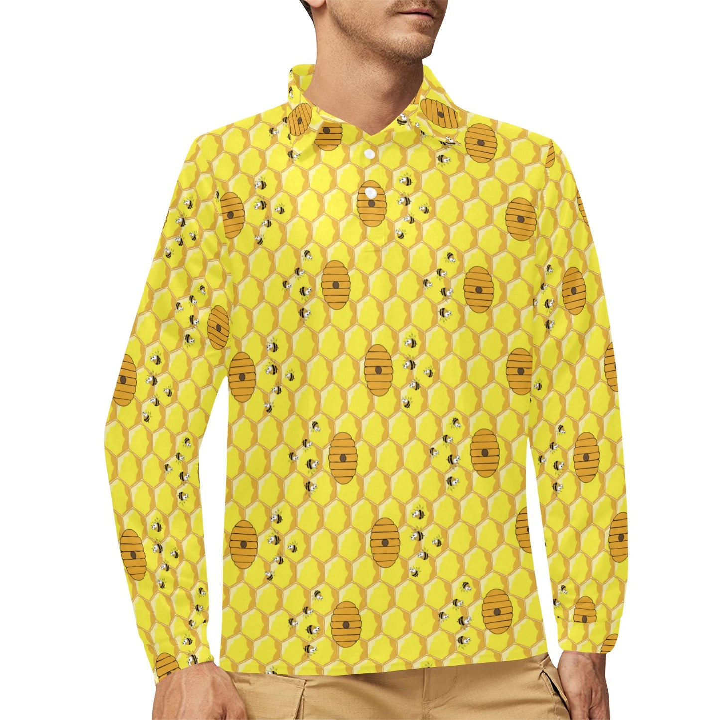 Honey Bee Print Design LKS303 Long Sleeve Polo Shirt For Men's