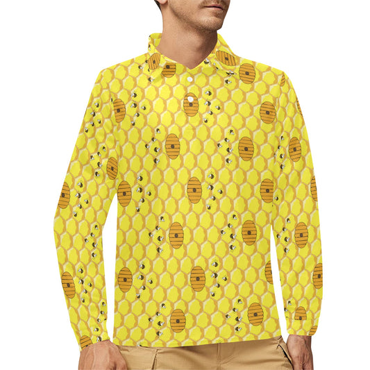 Honey Bee Print Design LKS303 Long Sleeve Polo Shirt For Men's