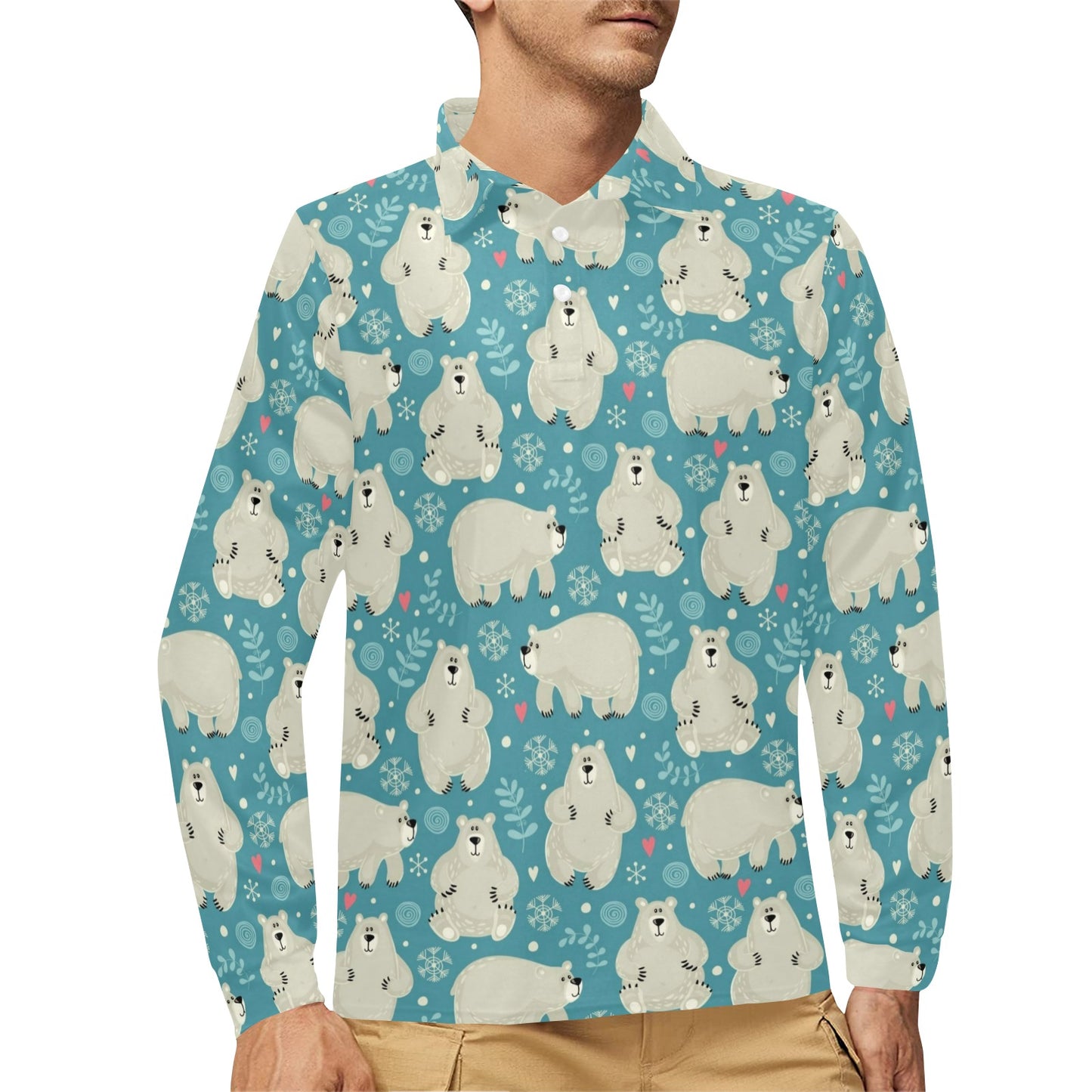 Bear Pattern Print Design BE04 Long Sleeve Polo Shirt For Men's
