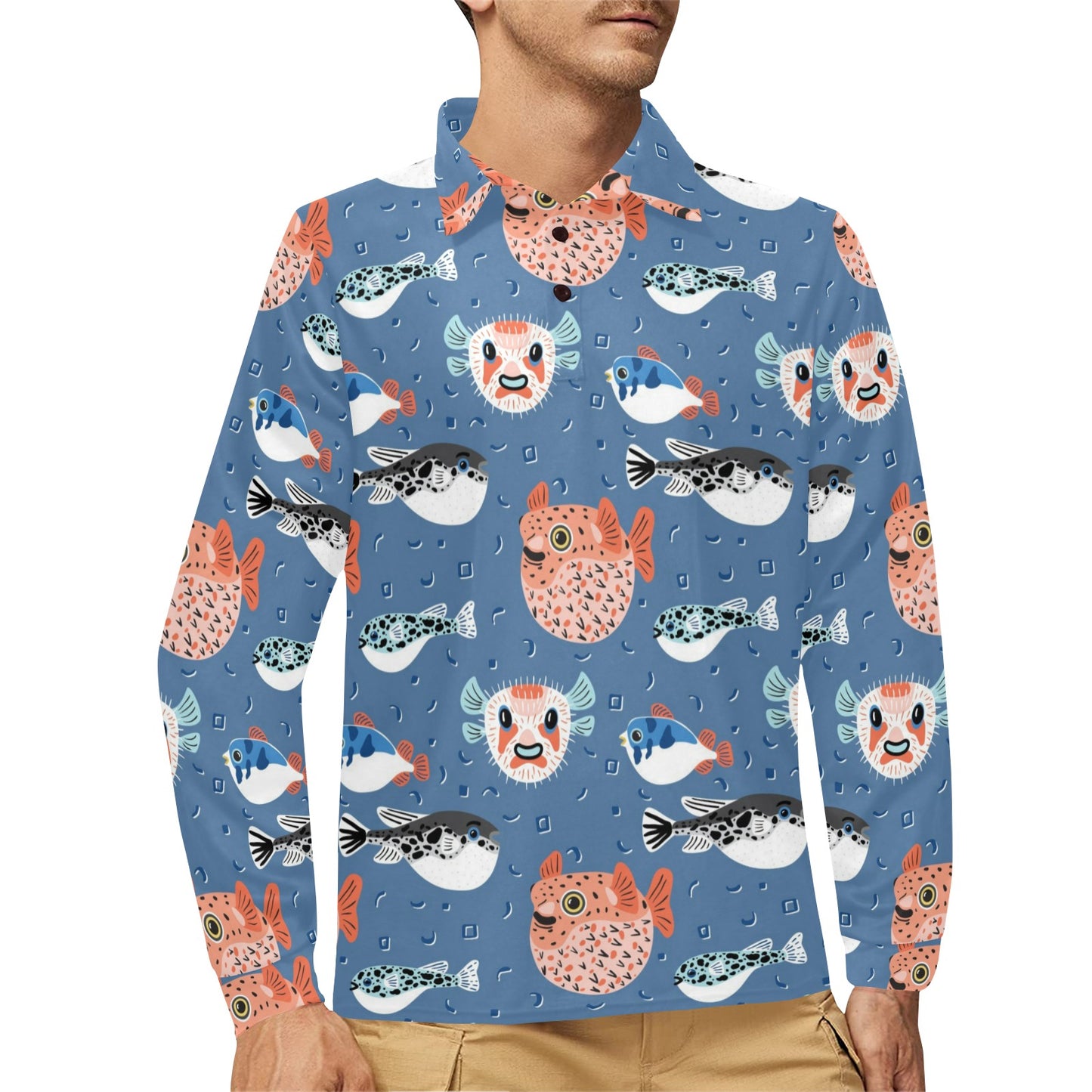 Fugu Pattern Print Design 02 Long Sleeve Polo Shirt For Men's