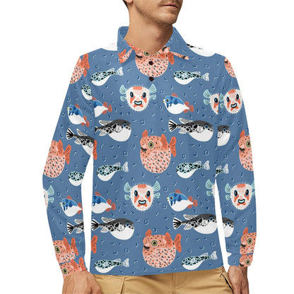 Fugu Pattern Print Design 02 Long Sleeve Polo Shirt For Men's
