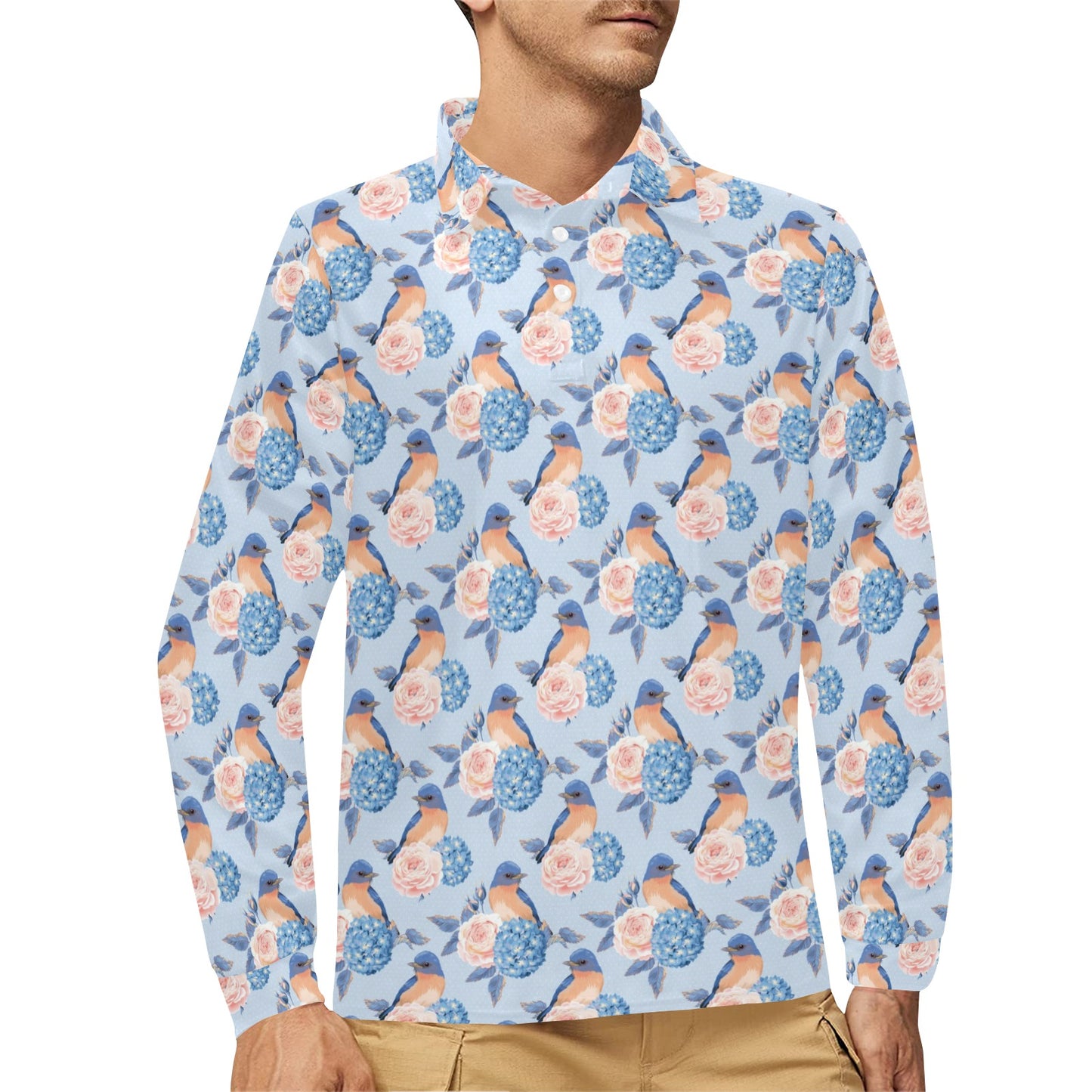 Bluebird Pattern Print Design 01 Long Sleeve Polo Shirt For Men's
