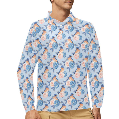 Bluebird Pattern Print Design 01 Long Sleeve Polo Shirt For Men's
