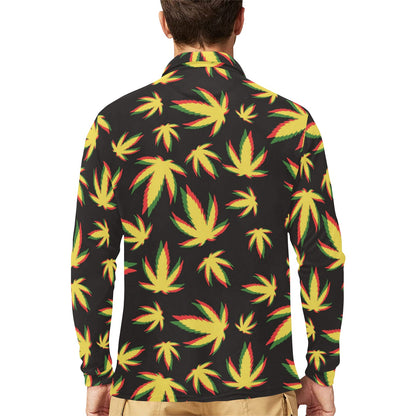 Pot Leaf Pattern Print Design A02 Long Sleeve Polo Shirt For Men's