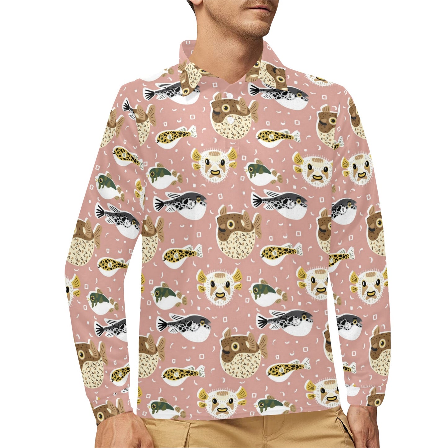Fugu Cute Pattern Print Design 01 Long Sleeve Polo Shirt For Men's