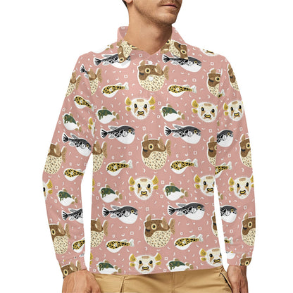 Fugu Cute Pattern Print Design 01 Long Sleeve Polo Shirt For Men's