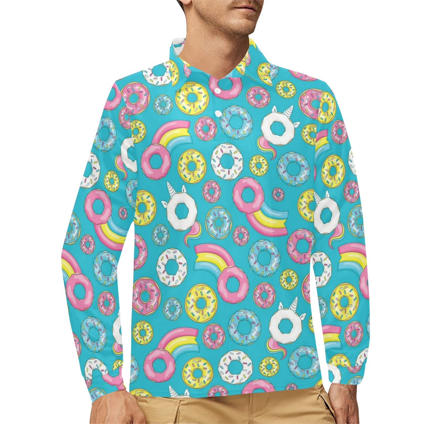 Donut Pattern Print Design DN013 Long Sleeve Polo Shirt For Men's