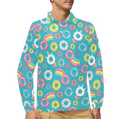 Donut Pattern Print Design DN013 Long Sleeve Polo Shirt For Men's
