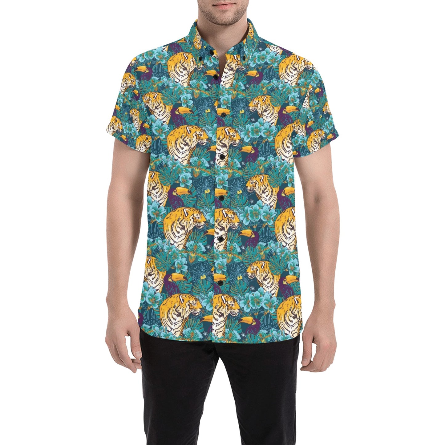 Tiger Tropical Print Design LKS301 Men Short Sleeve Button Up Shirt