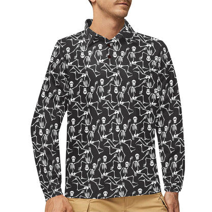 Skeleton Themed Print Long Sleeve Polo Shirt For Men's