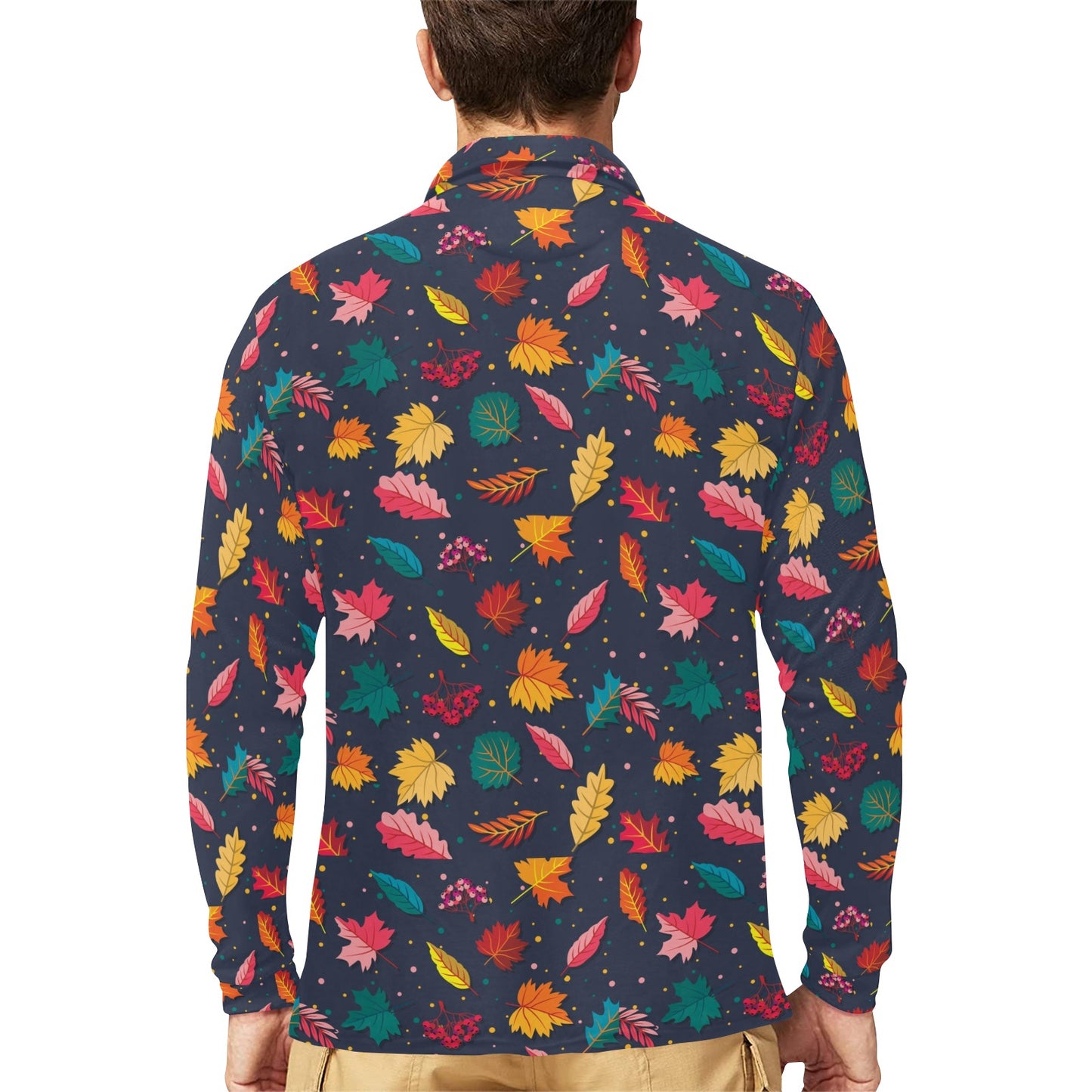 Elm Leave Colorful Print Pattern Long Sleeve Polo Shirt For Men's
