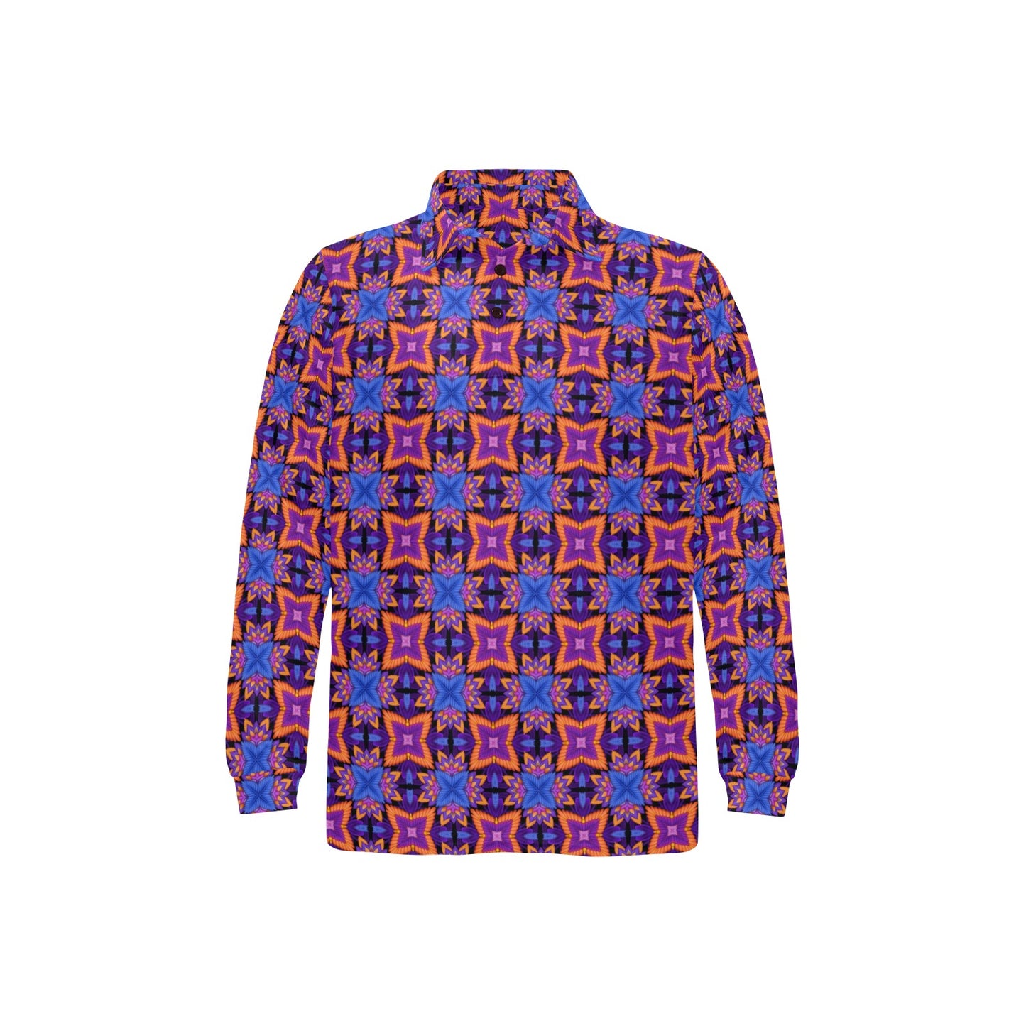 kaleidoscope Purple Orange Print Design Long Sleeve Polo Shirt For Men's