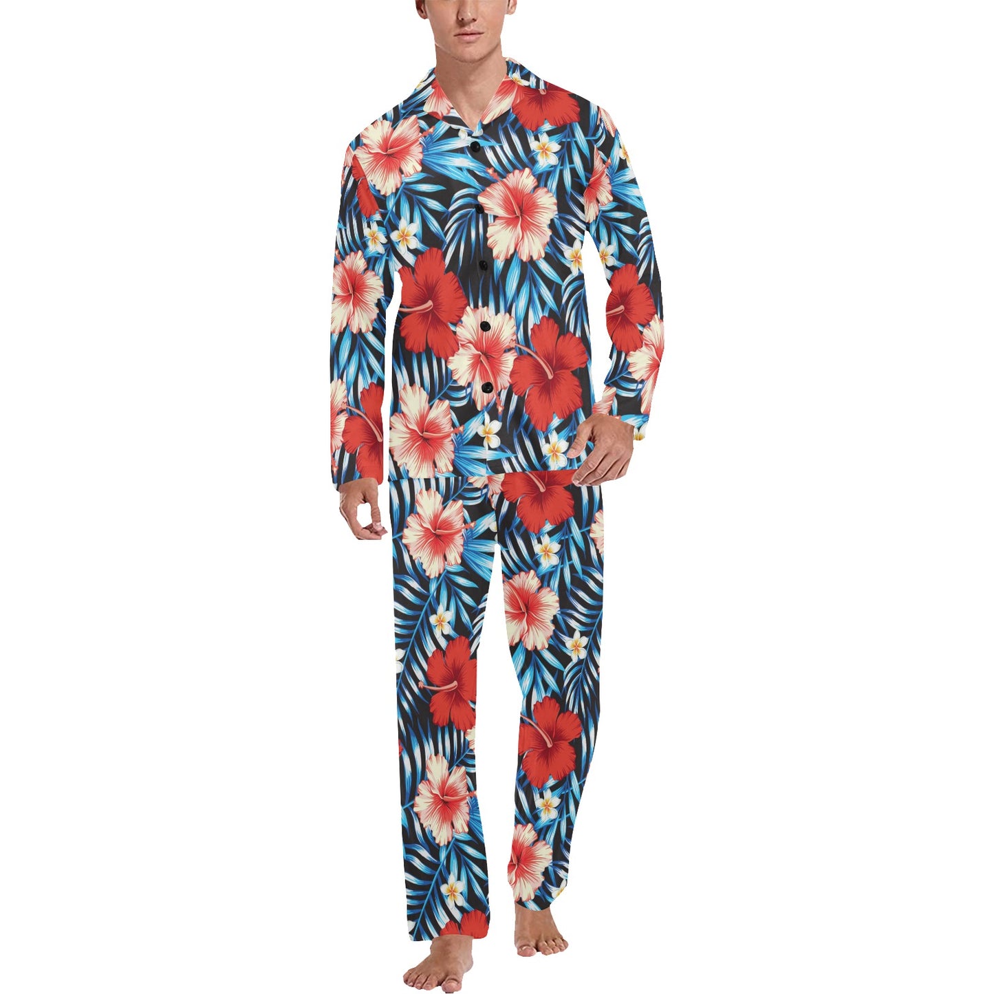 Red Hibiscus Blue Scene Men's Long Pajama Set