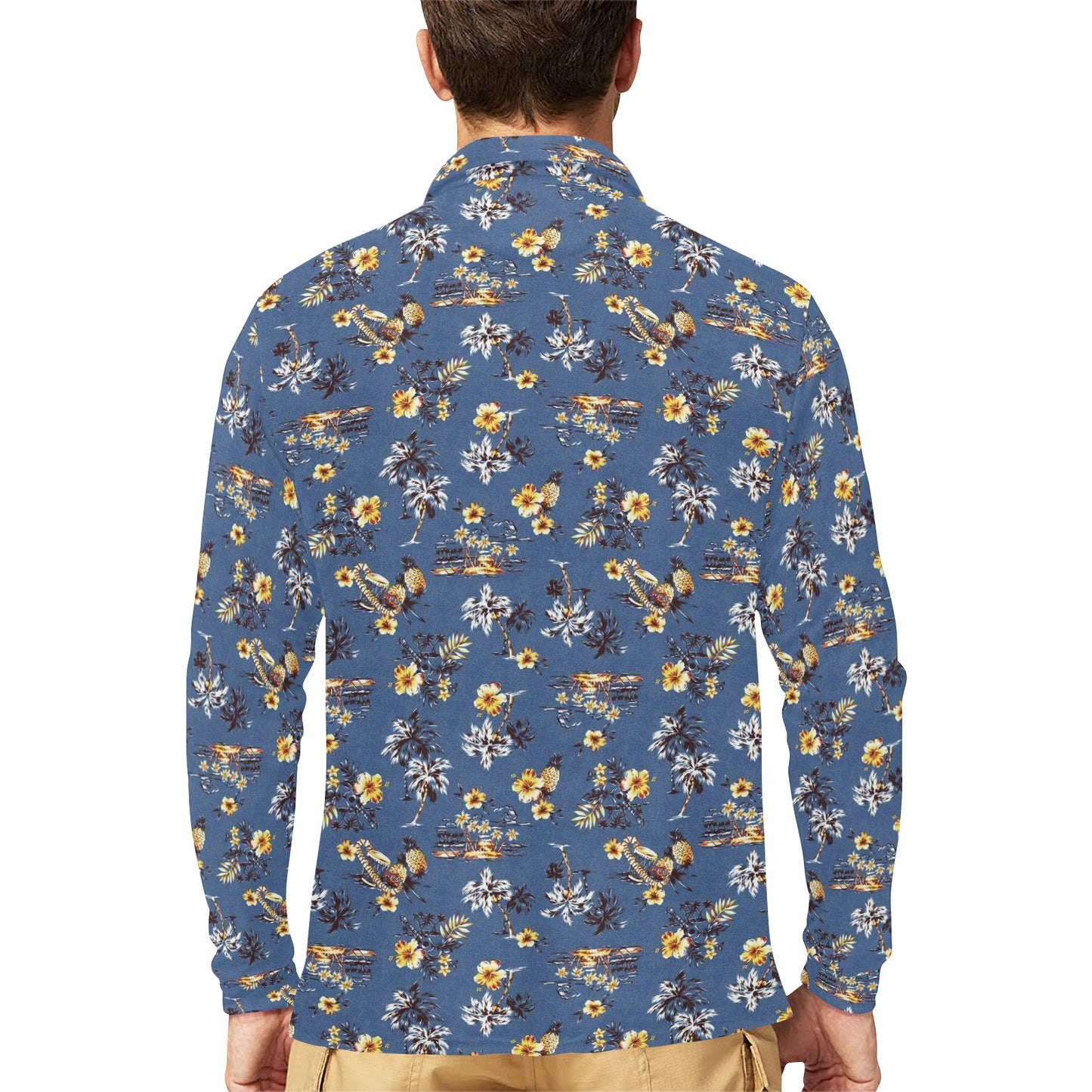 Hawaiian Flower Blue Print Long Sleeve Polo Shirt For Men's