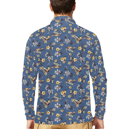 Hawaiian Flower Blue Print Long Sleeve Polo Shirt For Men's