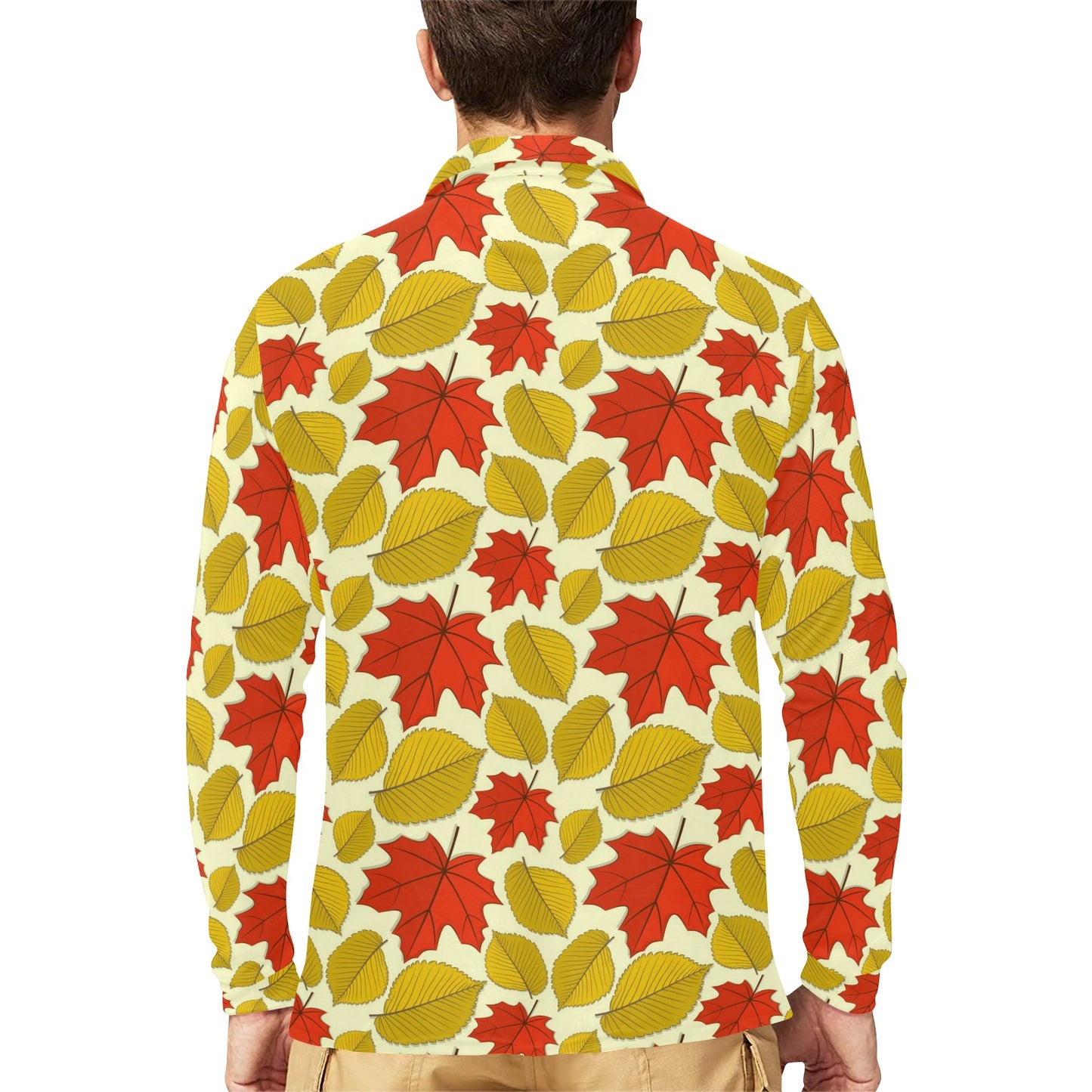 Elm Maple Leave Print Pattern Long Sleeve Polo Shirt For Men's