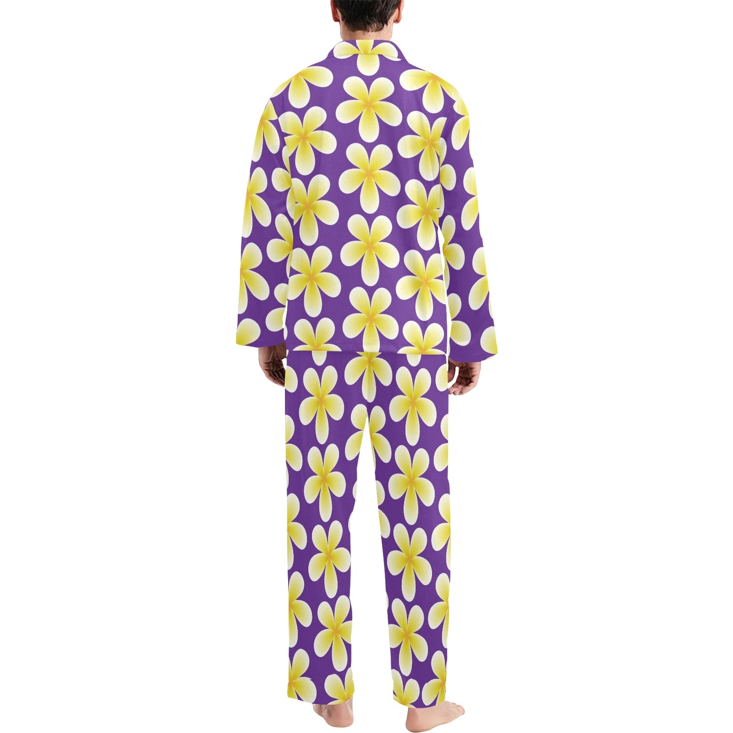 Yellow Plumeria Pattern Print Design PM05 Men's Long Pajama Set