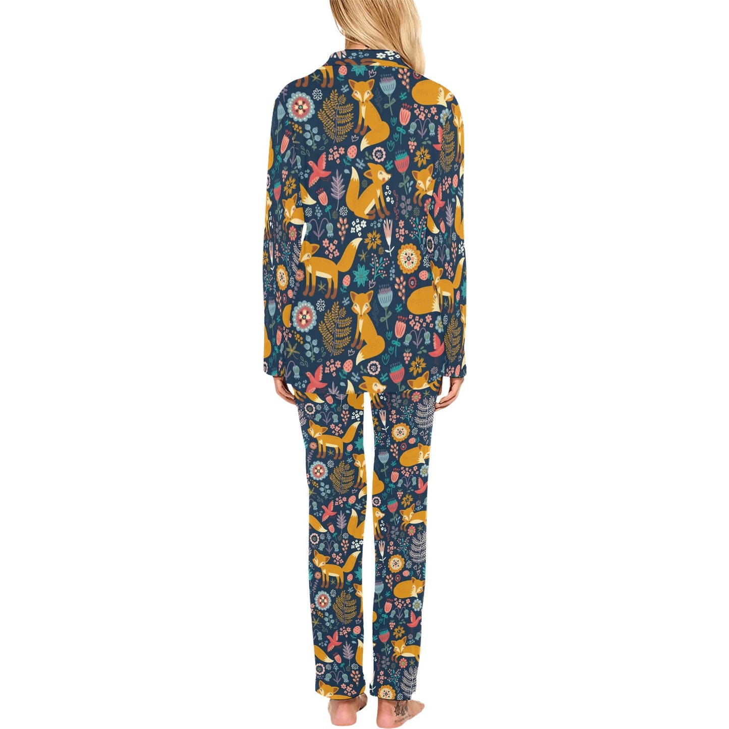 Fox Cute Jungle Print Pattern Women's Long Pajama Set