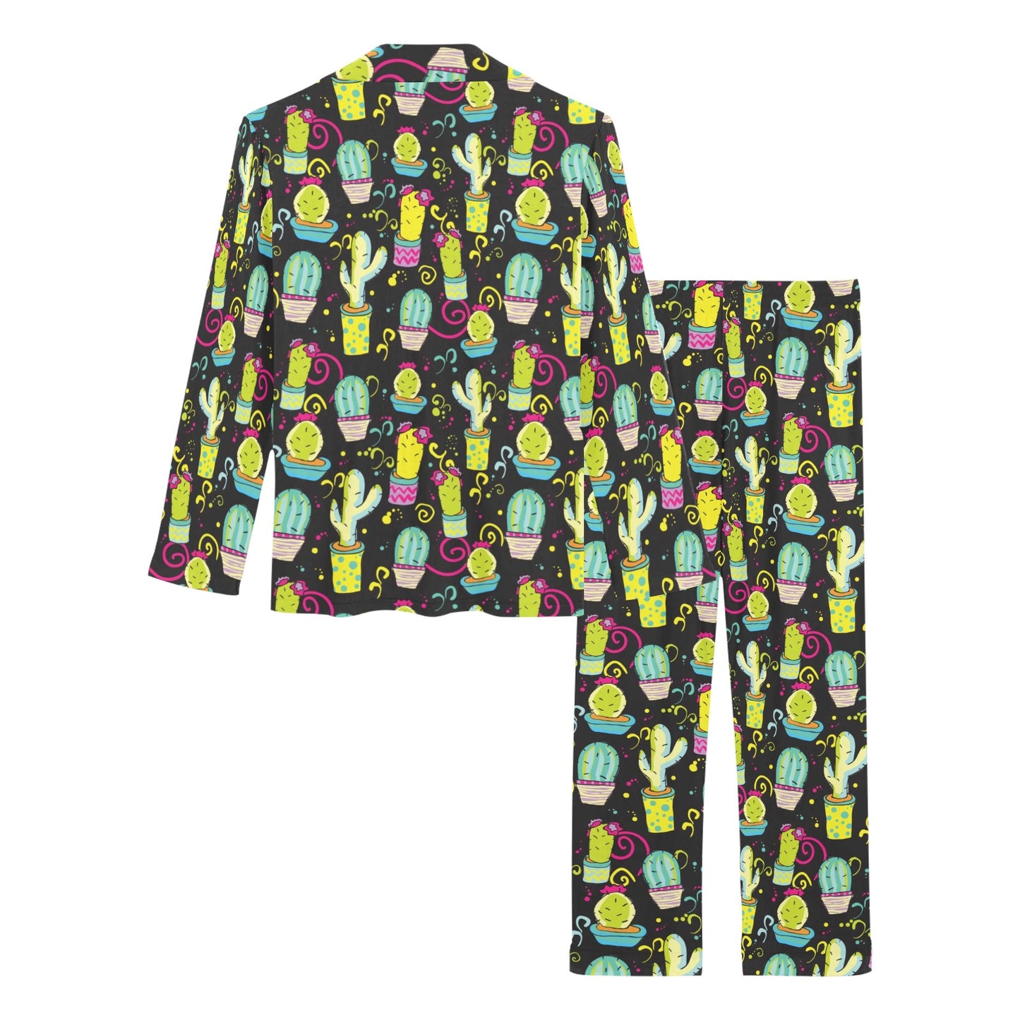 Cactus Neon Style Print Pattern Women's Long Pajama Set