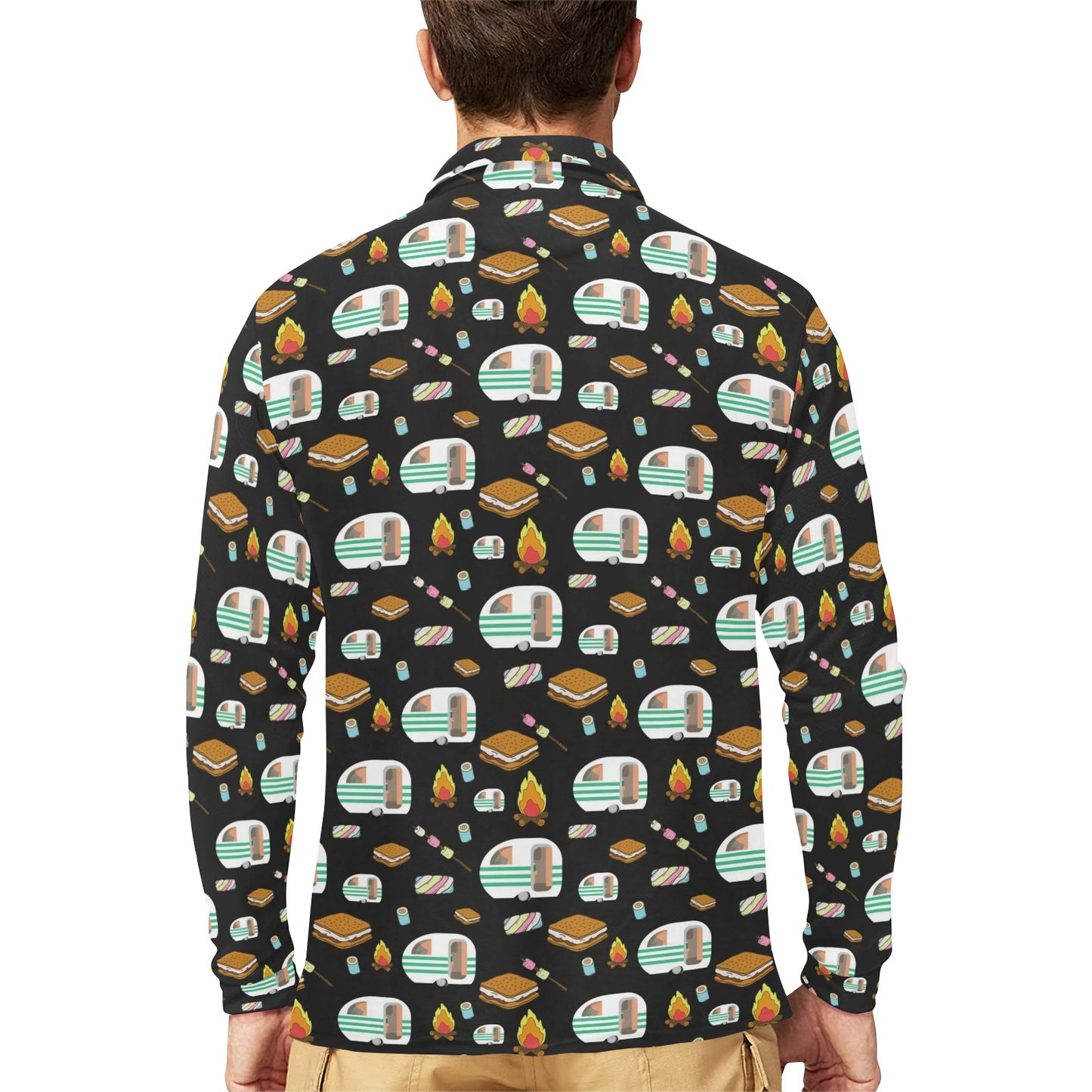 Camper marshmallow Camping Design Print Long Sleeve Polo Shirt For Men's