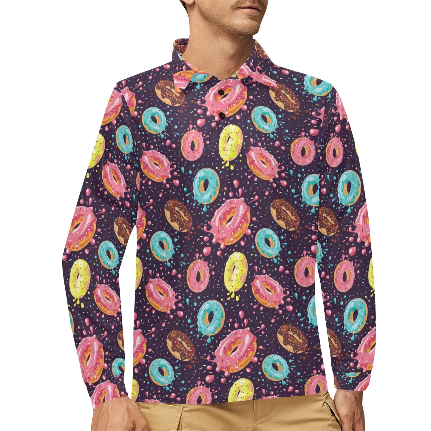 Donut Pattern Print Design DN03 Long Sleeve Polo Shirt For Men's
