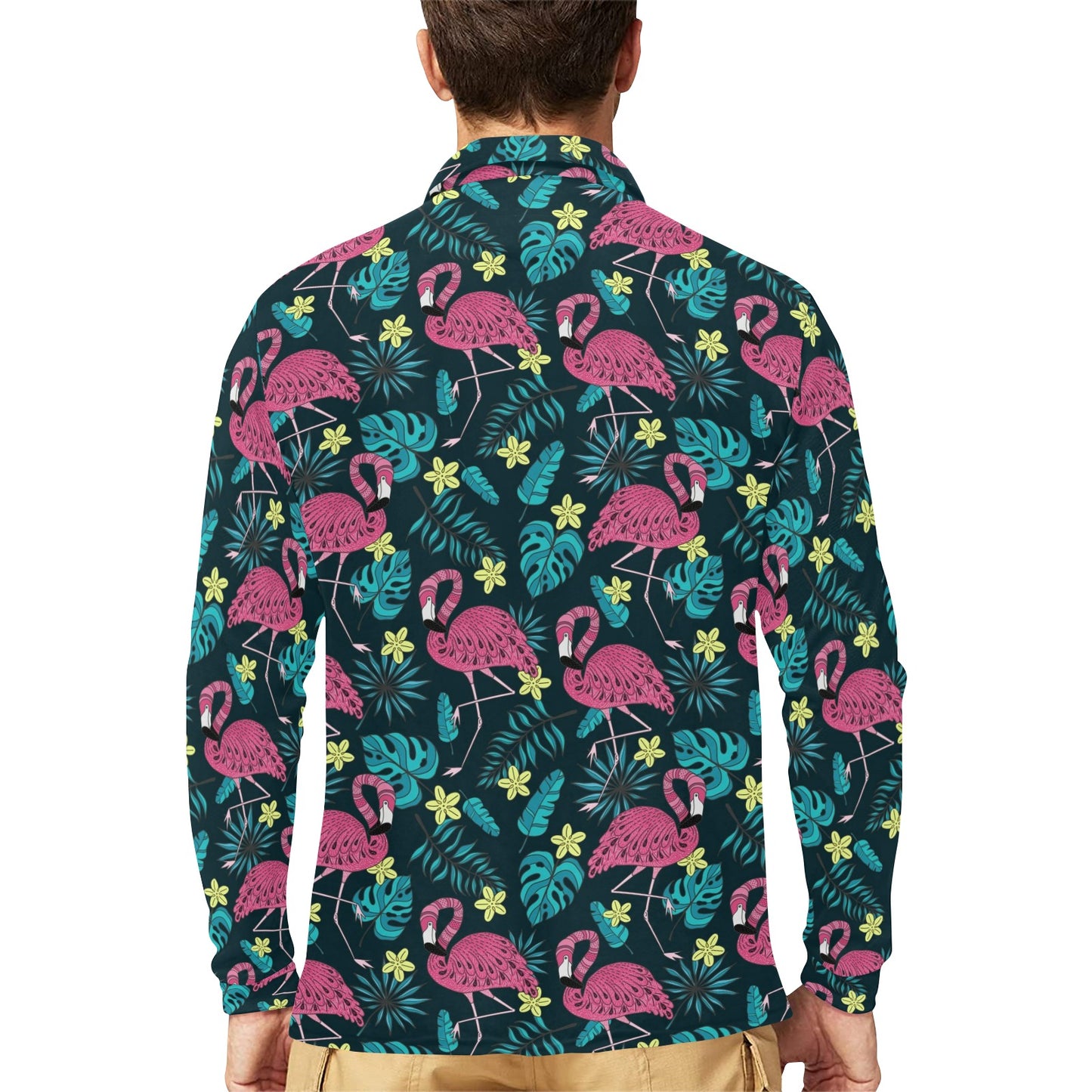 Flamingo Print Pattern Long Sleeve Polo Shirt For Men's