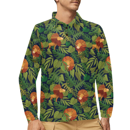 Lion Jungle Pattern Print Design 05 Long Sleeve Polo Shirt For Men's