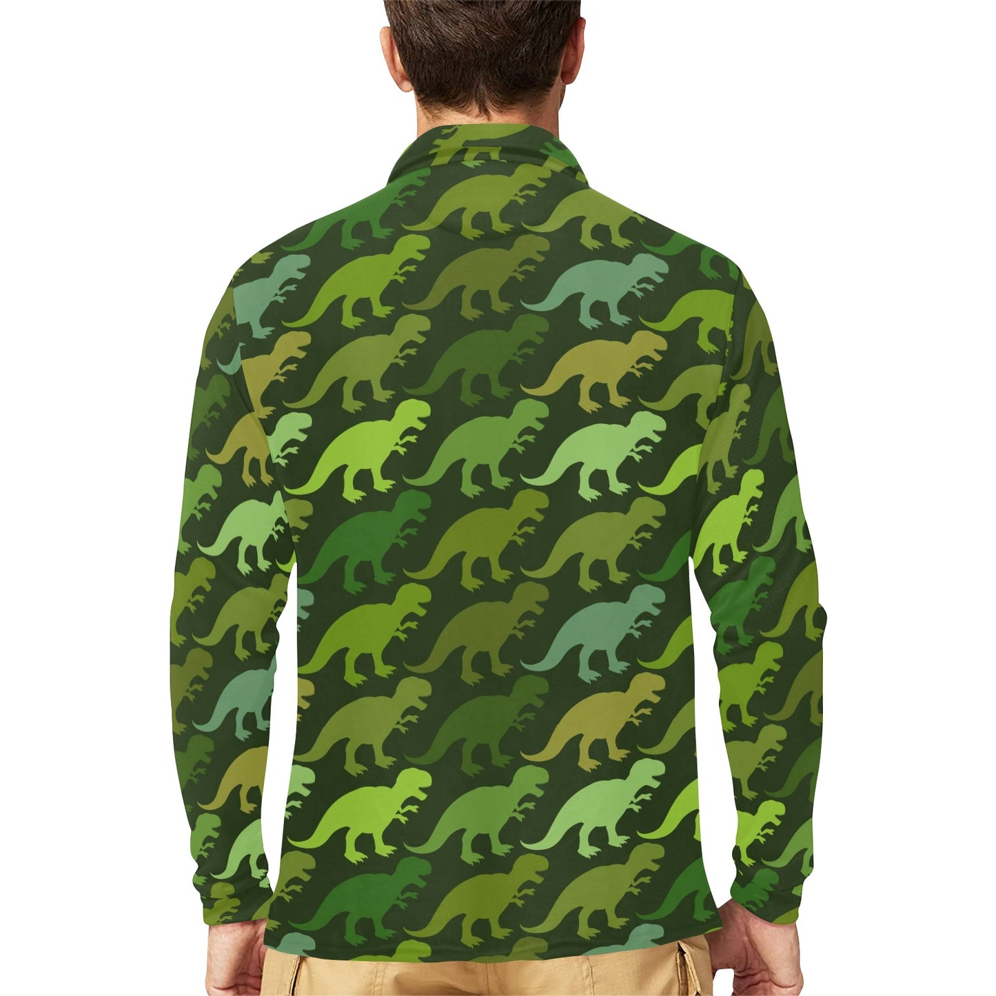 T Rex Pattern Print Design A03 Long Sleeve Polo Shirt For Men's