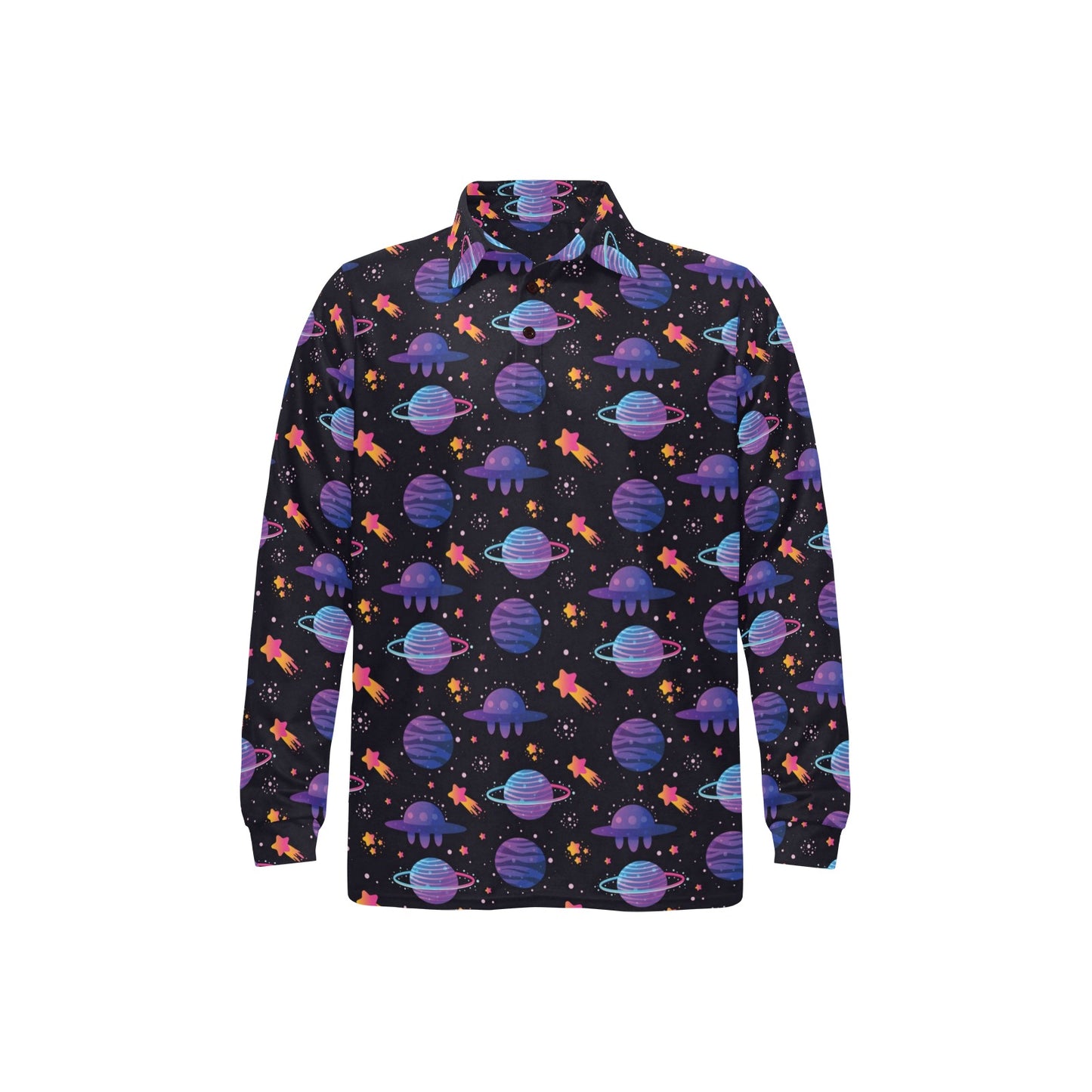 UFO Star Galaxy Print Design LKS308 Long Sleeve Polo Shirt For Men's