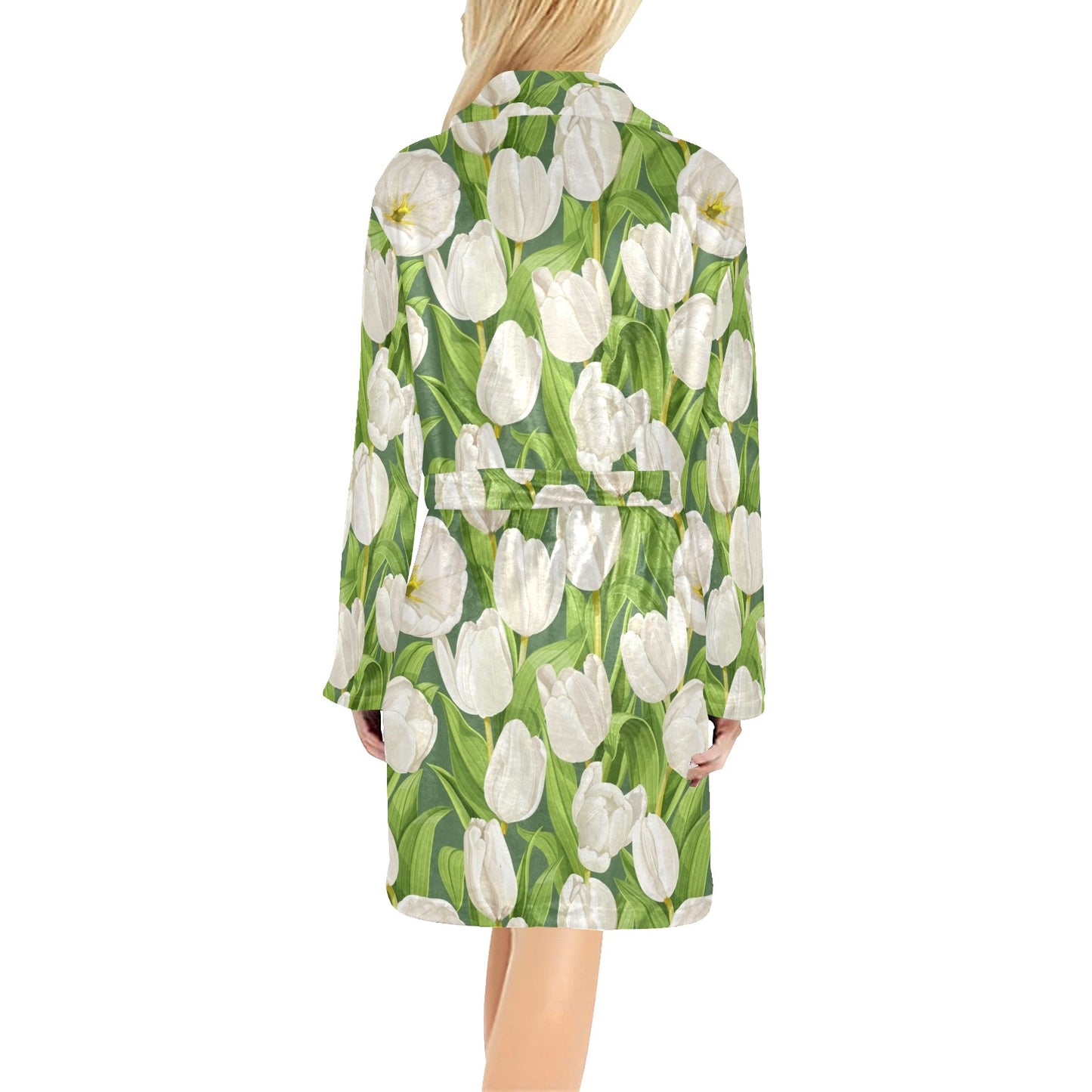Tulip White Pattern Print Design TP05 Women's Fleece Robe