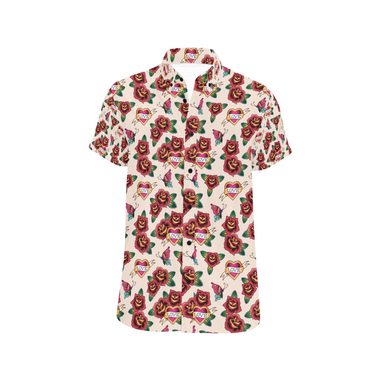 Tattoo Rose Print Design LKS302 Men Short Sleeve Button Up Shirt