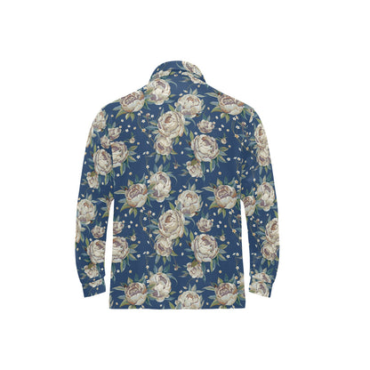 Peony Pattern Print Design A03 Long Sleeve Polo Shirt For Men's