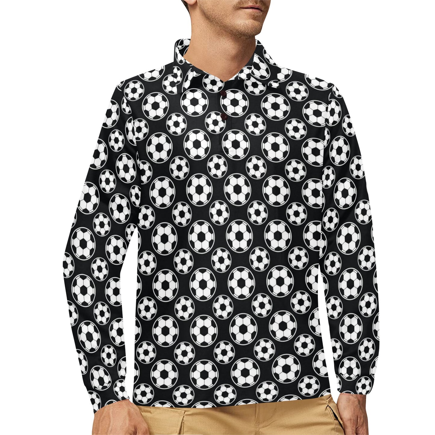 Soccer Ball Black Print Pattern Long Sleeve Polo Shirt For Men's