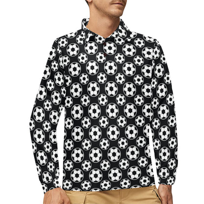 Soccer Ball Black Print Pattern Long Sleeve Polo Shirt For Men's
