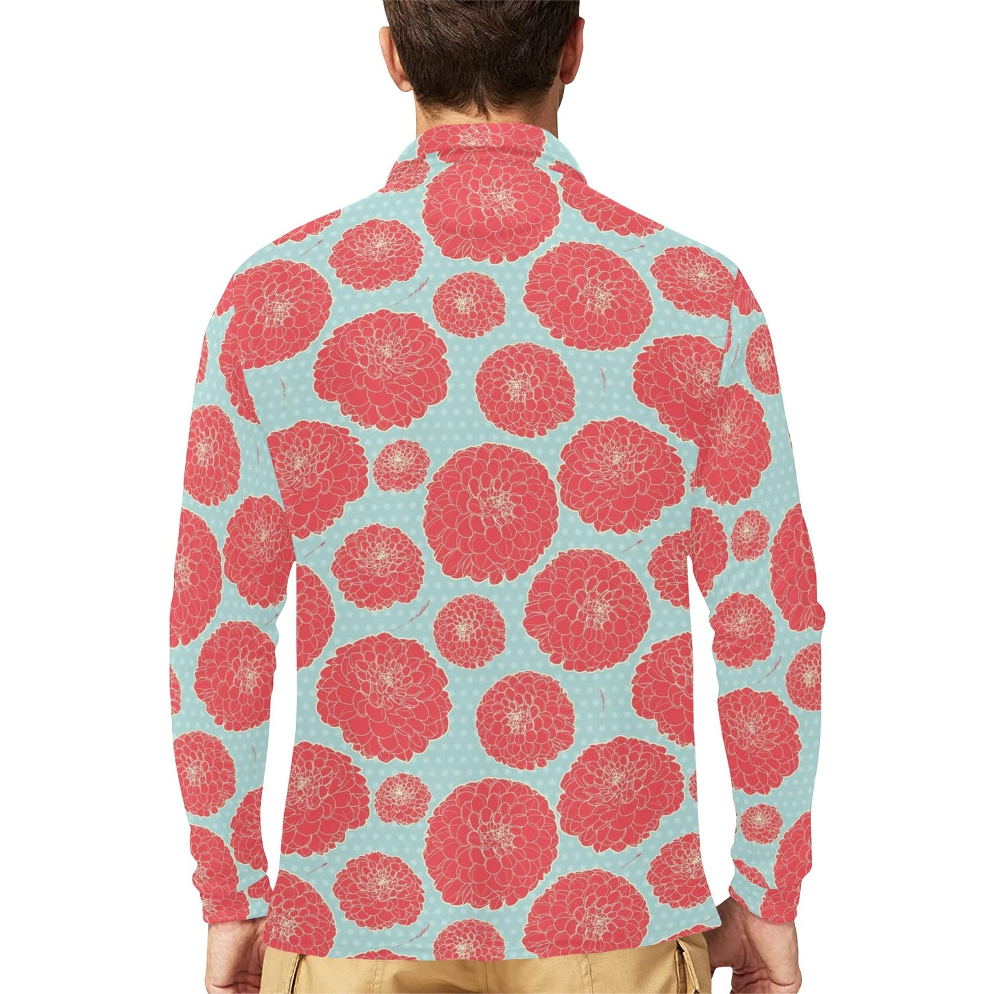 Marigold Pattern Print Design MR03 Long Sleeve Polo Shirt For Men's