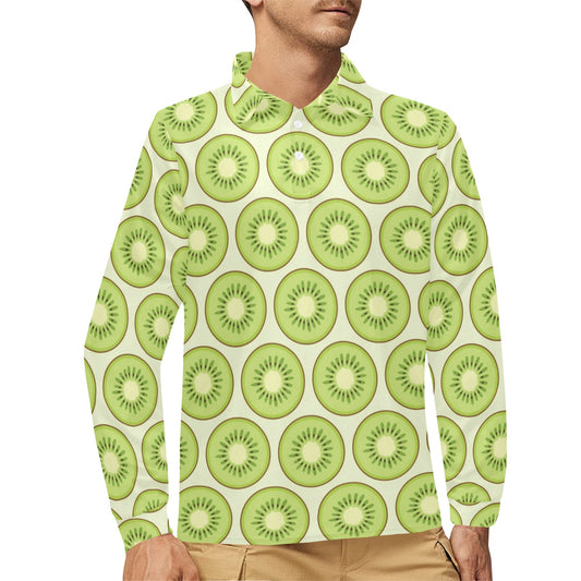 Kiwi Pattern Print Design KW02 Long Sleeve Polo Shirt For Men's
