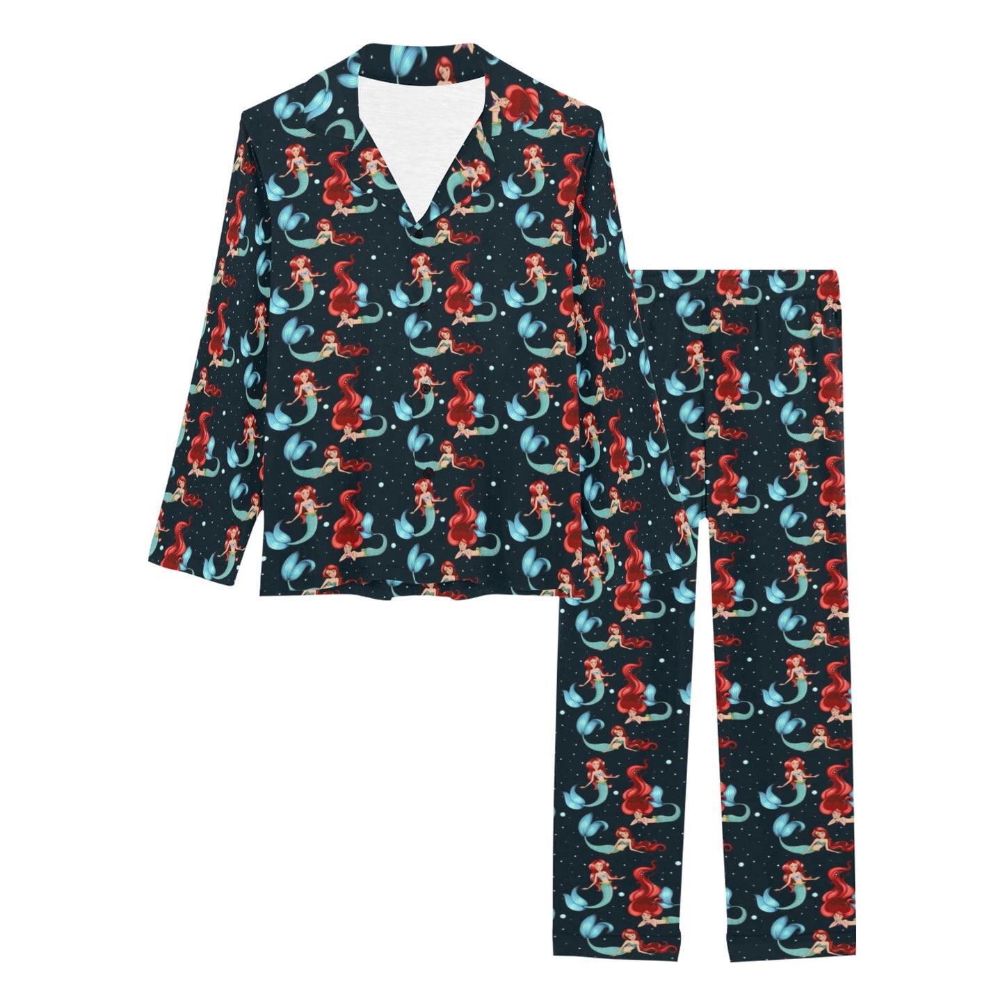 Mermaid Girl Themed Design Print Women's Long Pajama Set