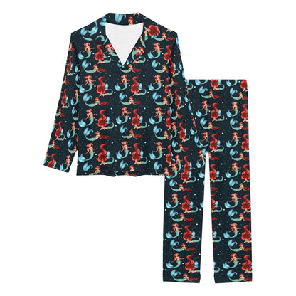 Mermaid Girl Themed Design Print Women's Long Pajama Set