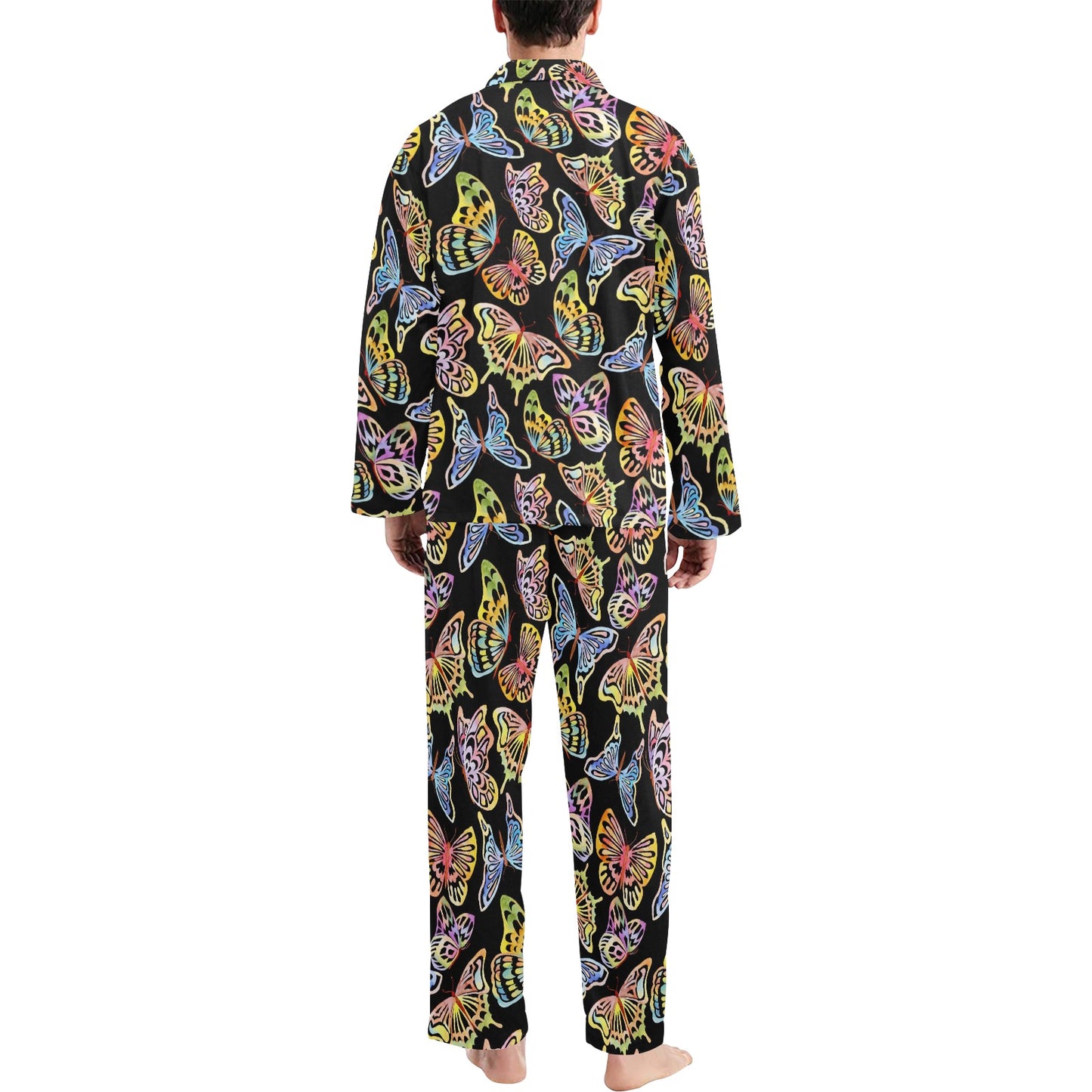 Butterfly Water Color Rainbow Men's Long Pajama Set