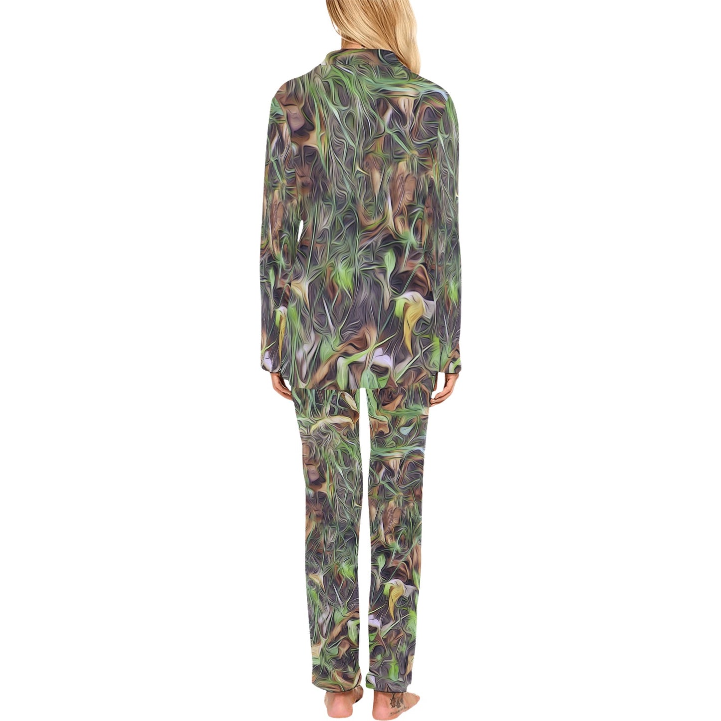 Camouflage Realistic Tree Print Women's Long Pajama Set