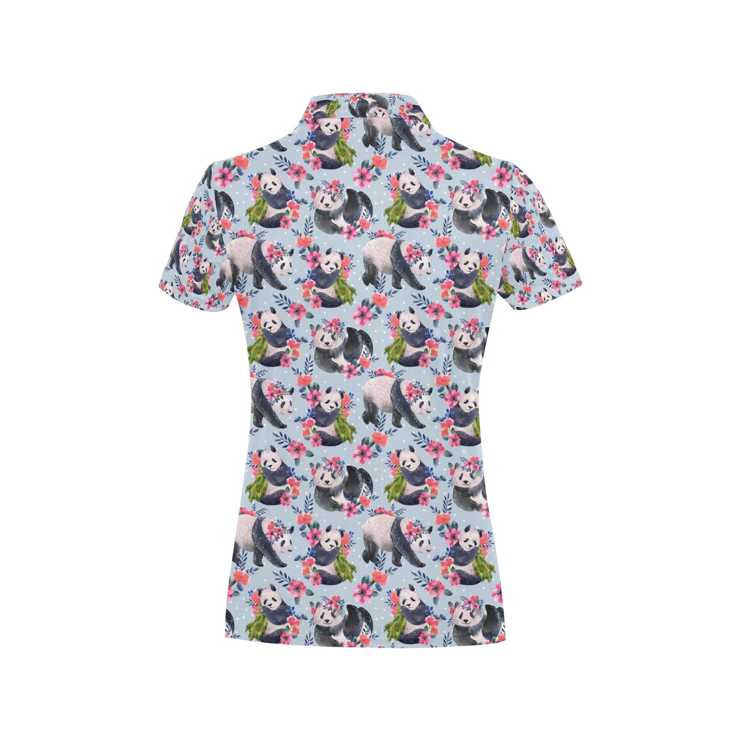 Panda Bear Flower Design Themed Print Women's Polo Shirt