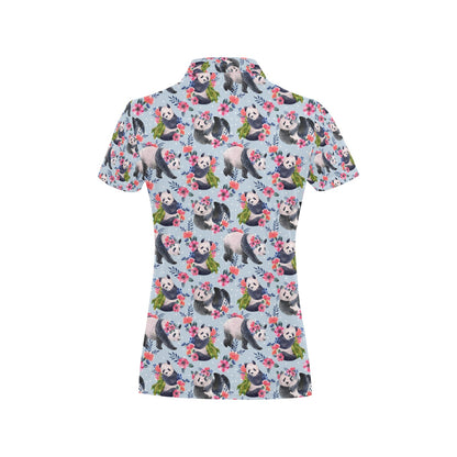 Panda Bear Flower Design Themed Print Women's Polo Shirt