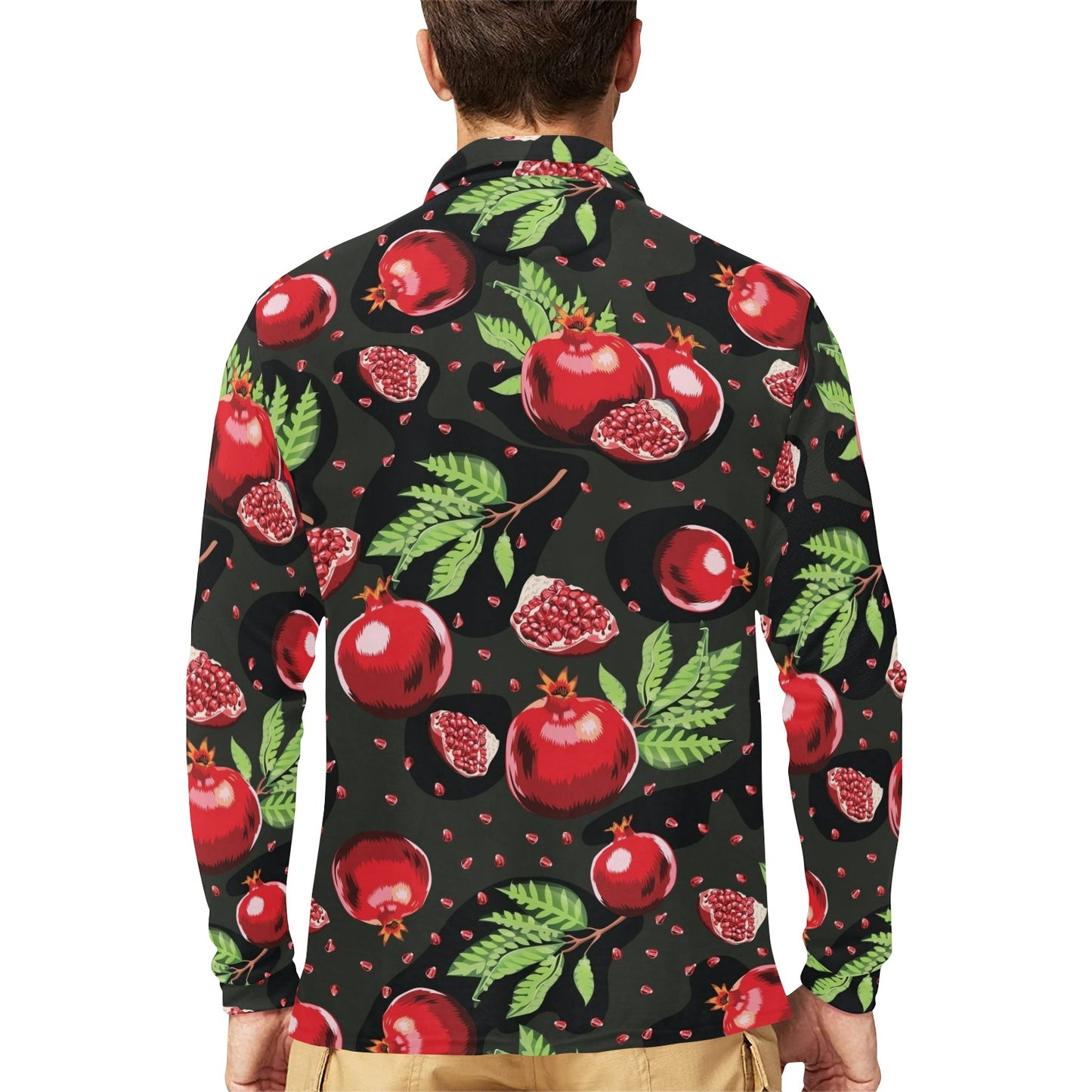 Pomegranate Pattern Print Design PG06 Long Sleeve Polo Shirt For Men's