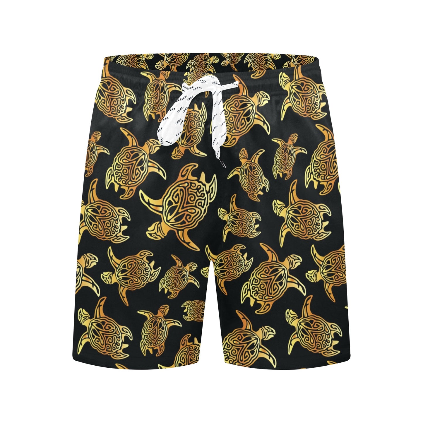 Gold Tribal Turtle Polynesian Themed Men's Swim Trunks Beach Shorts
