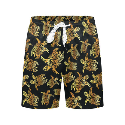 Gold Tribal Turtle Polynesian Themed Men's Swim Trunks Beach Shorts
