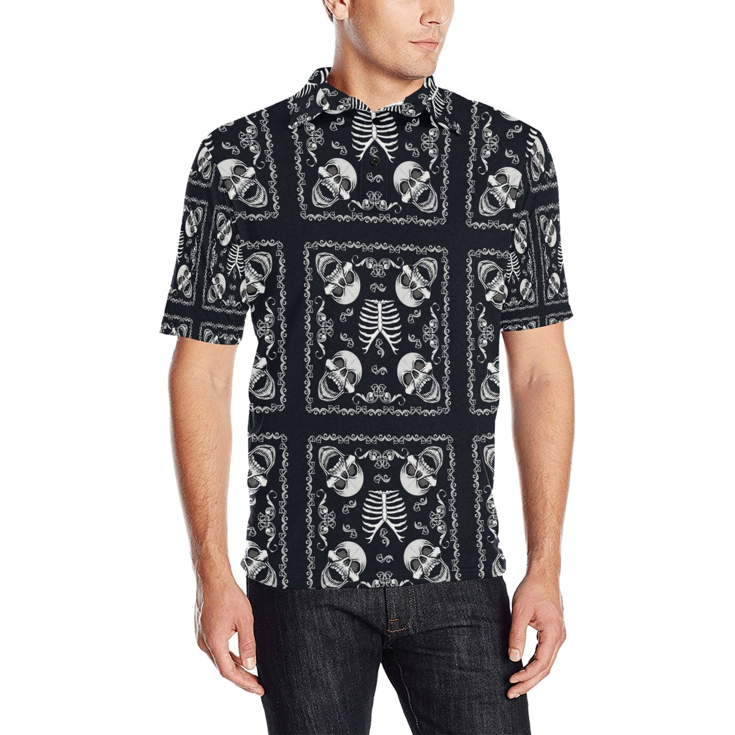 Bandana Skull Black White Print Design LKS306 Men Polo Shirt