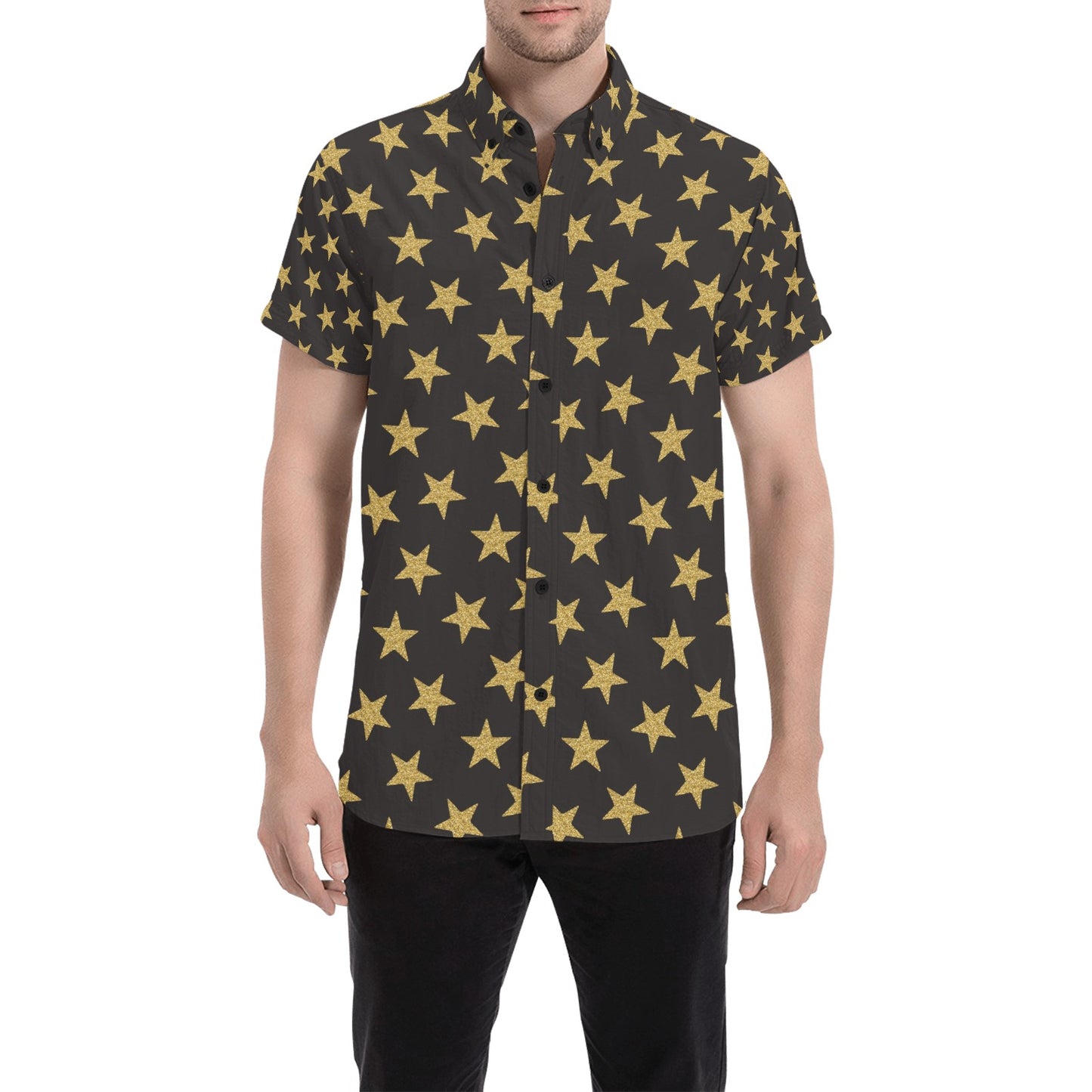 Star Gold Print Design LKS302 Men Short Sleeve Button Up Shirt